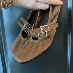 Free People Brown Suede Flats with Rhinestone Buckles Gemini Ballet Flat
